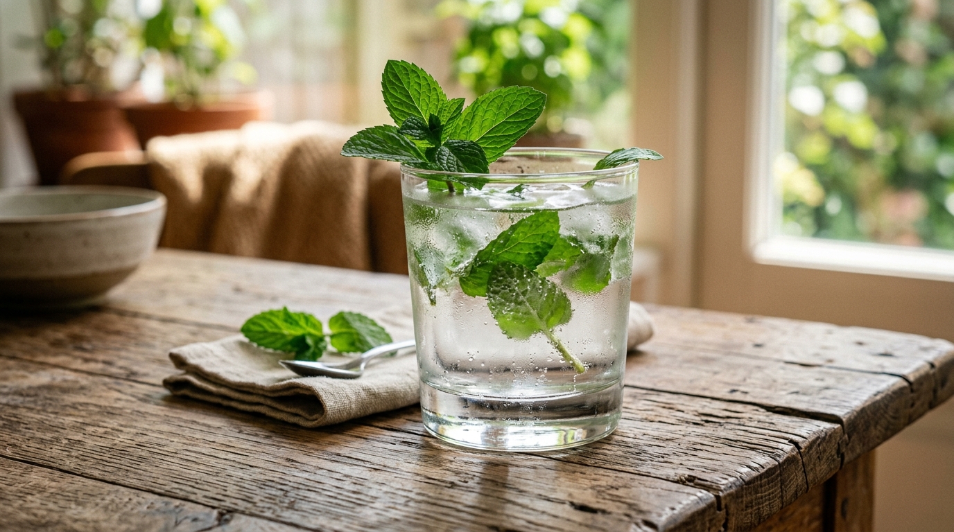 Pohár čerstvej vody so zelenými lístkami mäty na drevenom stole